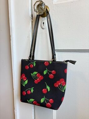 Cherry Print Black Tote Bag - Unbranded